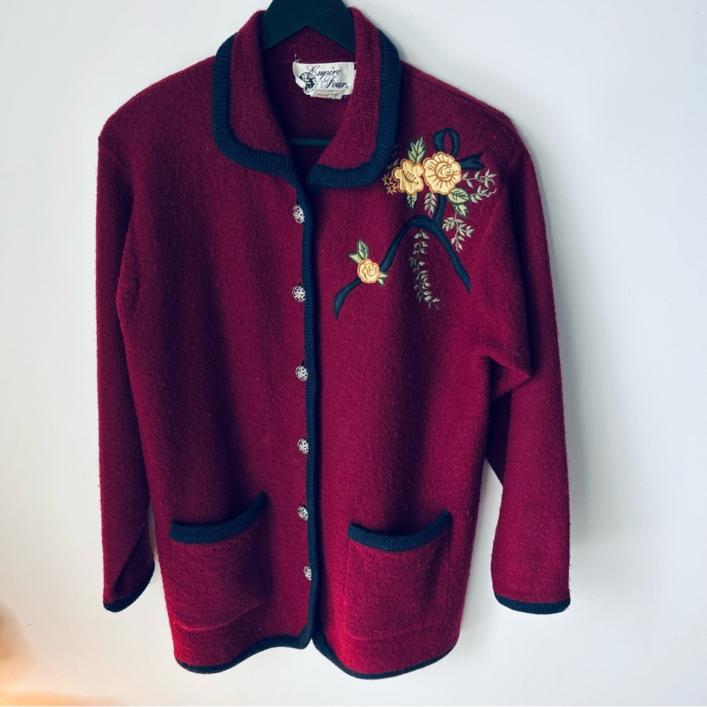 Vintage Embroidered Red Cardigan with Floral Design 100% wool